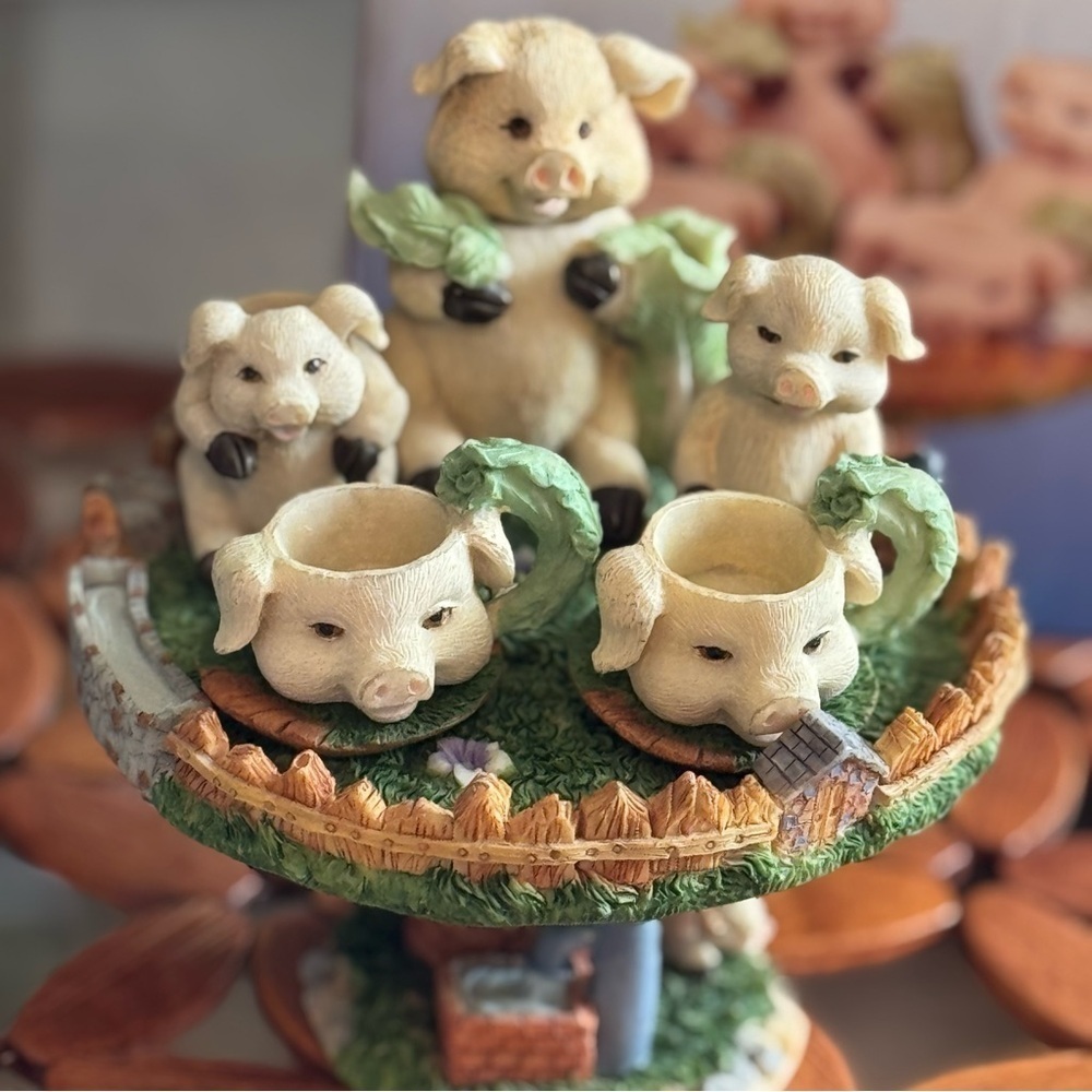 New Vintage Pig Tea Set Table Farmhouse Style Farm Miniature Pedestal Stand - Picture 5 of 13